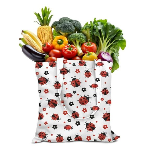 Cute Ladybug Floral Tote Bag – Watercolor Cartoon Ladybird Canvas Bag – Nature Garden Insect Print for Bug & Flower Lovers