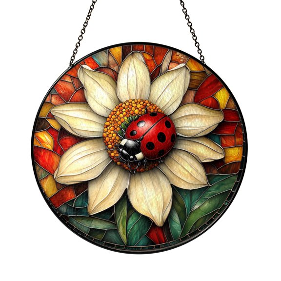 Cute Ladybug Flower Stained Glass Window Hanging, Nature Inspired Suncatcher For Home