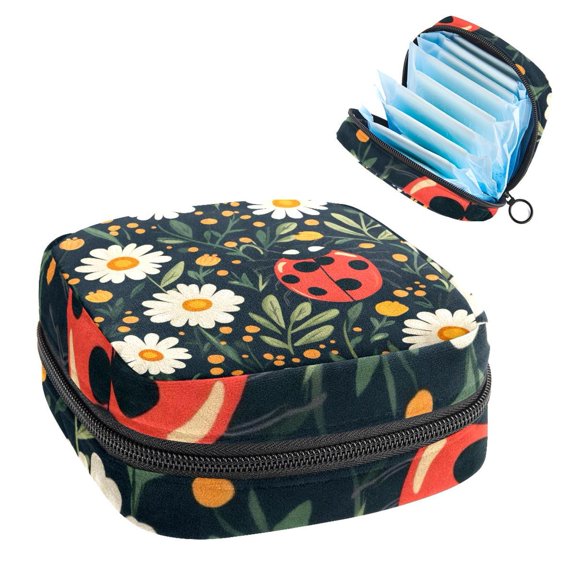 Cute Ladybug with Flowers Pattern Sanitary Napkin Storage Bag, Zipper Menstrual Cup Pouch Feminine Menstruation First Period Pads Holder for Girls Women Ladies