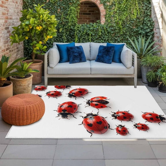 Cute Ladybug Indoor Outdoor Rugs 3x5 Ft, Realistic Love Heart Ladybug Rustic Farmhouse Outdoor Patio Rugs Mat Washable Outside Area Rugs Carpet for Porch Deck RV Camping Pool Balcony Backyard