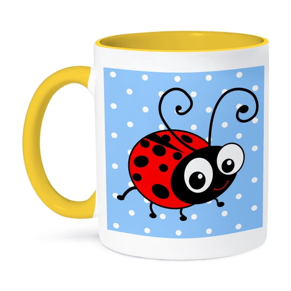 3dRose, Cute ladybug on blue polka dots kawaii happy red and black spotted ladybird cartoon lady bug insect, 15oz Two-Tone Yellow Mug