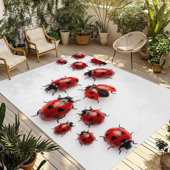 Cute Ladybug Outdoor Rug 3x5 ft Realistic Love Heart Ladybug Rustic Farmhouse Non Slip Patio Rug Washable Absorbent Large Outdoor Carpet Outside Mat for Porch RV Garden Camping