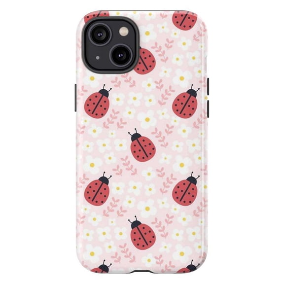 Cute Ladybug Pattern Phone Case, Pink Flower Garden iPhone Cover, Aesthetic Nature Protective Case for iPhone 17 16 15 14 13 12 11 Pro Plus Mini