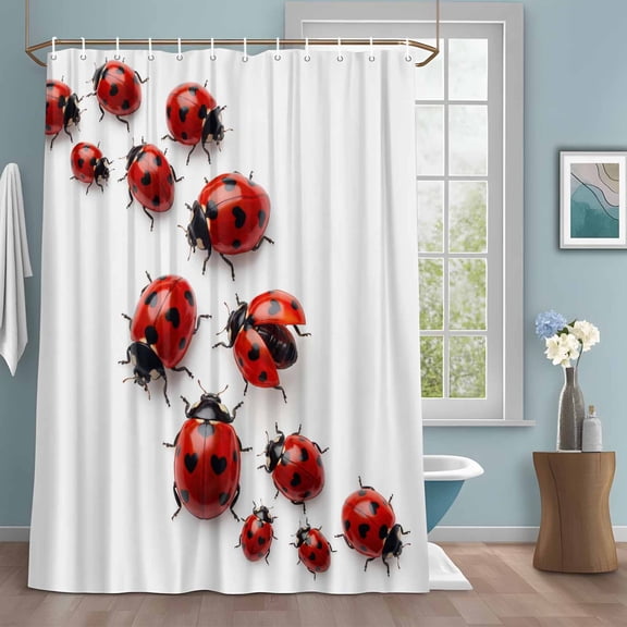Cute Ladybug Shower Curtain with Hooks, Realistic Love Heart Ladybug Rustic Farmhouse Water Repellent Shower Curtains for Bathroom Decor Sturdy Shower Curtain, Machine Washable 72x72 Inch