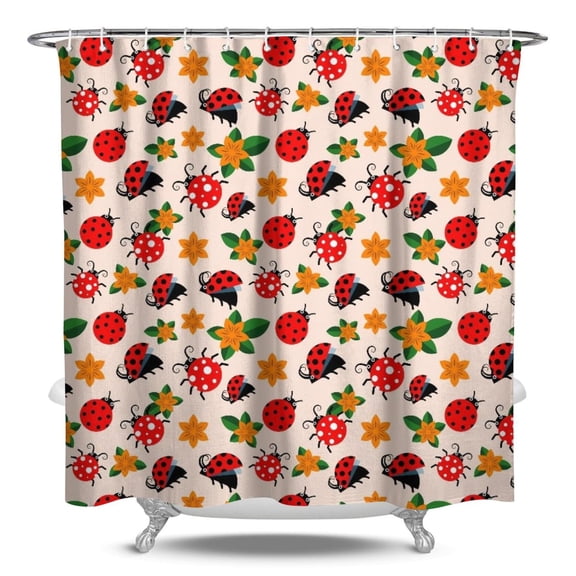 Cute Ladybug Shower Curtain, Red Garden Ladybug Print Waterproof Hotel Style Bath Curtain 84x72 Inch Machine Washable & Quick Dry