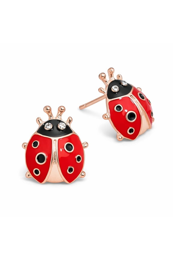 Cute Ladybug Stud Earrings, Red and Black Enamel with Crystal Rhinestones, Rose Gold Plated, 1.5cm x 1.2cm