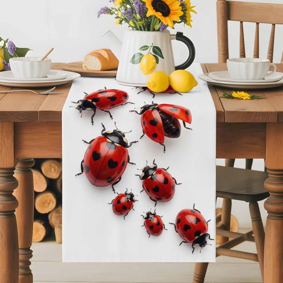 Cute Ladybug Table Runner 13x36 Inch Realistic Love Heart Ladybug Rustic Farmhouse Cotton Linen Dining Table Runner Ideal for Dresser Kitchen Coffee Tables - Machine Washable