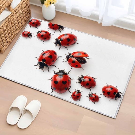 Cute Ladybug Washable Area Rug 2 x 3 ft Realistic Love Heart Ladybug Rustic Farmhouse, Soft Non Slip Rugs Stain Repellent Indoor Felt Carpet for Living Dining Room Bedroom Home Office