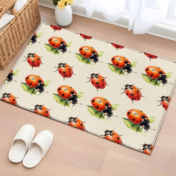 Cute Ladybugs 2'x3' Washable Rug, Spring Botanical Leaves Beige Non-Slip Soft Doormat Area Rugs for Entrance Bathroom Bedsides, StainResistant Carpet for Kitchen Bedroom, Entryway Floor Mat