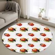 Cute Ladybugs 3ft Area Rug, Spring Botanical Leaves Farmhouse Washable Non-Slip Small Round Rugs for Entryway Bedroom Kitchen, Soft Circle Carpet for Dining Room, Playroom Nursery Rug