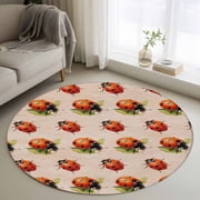 Cute Ladybugs 3ft Area Rug, Spring Botanical Leaves Vintage Washable Non-Slip Small Round Rugs for Entryway Bedroom Kitchen, Soft Circle Carpet for Dining Room, Playroom Nursery Rug