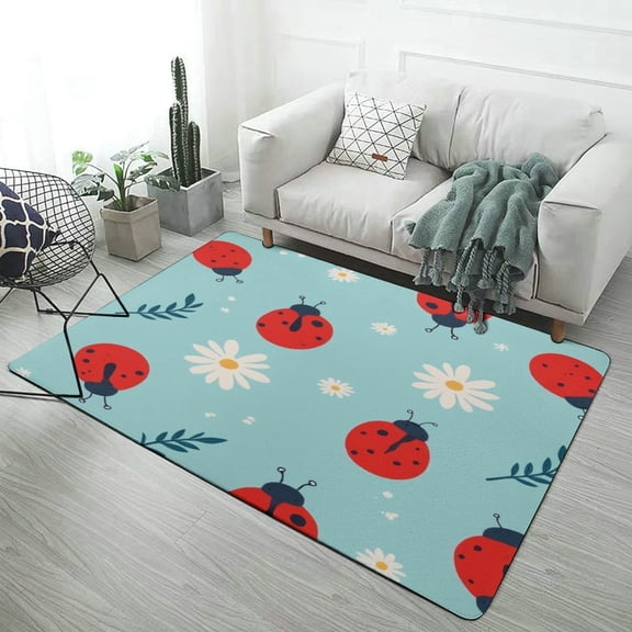 Cute Ladybugs And Daisies Pattern Carpet Rug for Home Living Room Bedroom Sofa Doormat Decor Area Rug Non-slip Mat 47x71inch
