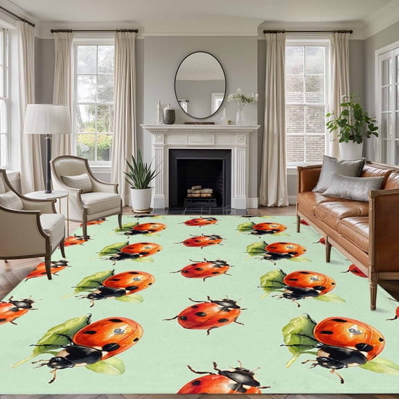 Cute Ladybugs Area Rugs 5'x8', Washable Small Throw Rugs for Classroom Bedroom, Spring Botanical Leaves Green Indoor Outdoor Rug Non-Slip Low Pile Carpet Runner Reversible Floor Mats