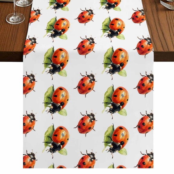 Cute Ladybugs Burlap Cotton Table Runner 13x90 Inches Long, Spring Botanical Leaves Farmhouse Farmhouse Table Runners, Outdoor Dining Tablecloths Decor for Baby Shower/Party/Wedding