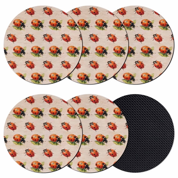 Cute Ladybugs Coasters Set of 6, Absorbent Coasters for Drinks, Spring Botanical Leaves Vintage Coaster for Desk Coffee Table Protection, Home Decor House Warming Gifts 4"