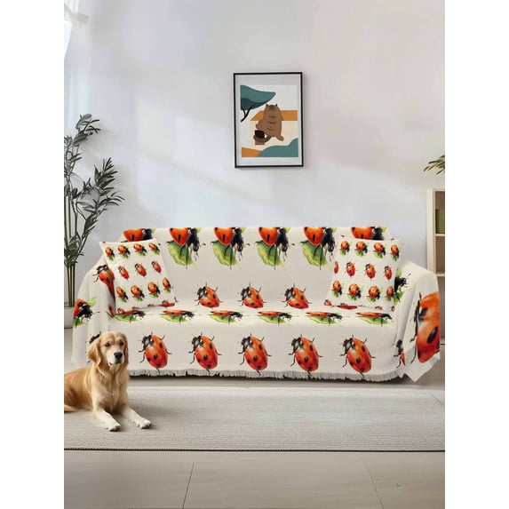 Cute Ladybugs Couch Cover, Spring Botanical Leaves Beige Sofa Cover Blanket for 3 Cushion Couch, Sectional Sofa Slipcover Furniture Protector for Living Room Bedroom 71''x134''