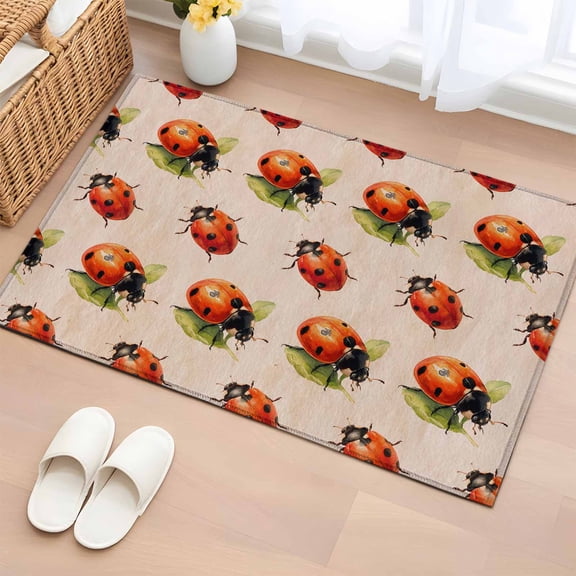 Cute Ladybugs Entryway Rug 2'x3' Non Slip Front Door Mats, Spring Botanical Leaves Vintage Entrance Rugs Indoor Outdoor Carpet, Washable Floor Mats Small Area Rug for Bedroom Kitchen