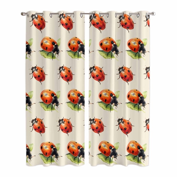 Cute Ladybugs Kitchen Curtains Window Panels, Spring Botanical Leaves Beige Insulated Window Treatment Curtain, Grommet Curtains for Bedroom/Living Room/Bathroom, 2 Piece 42"Wx84"L
