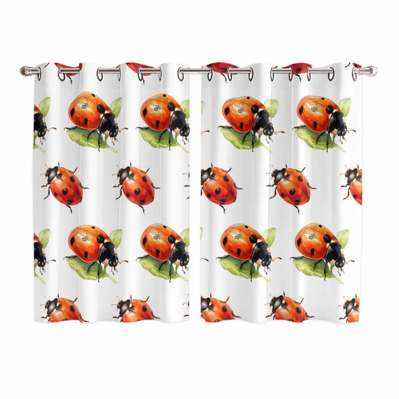 Cute Ladybugs Kitchen Curtains Window Panels, Spring Botanical Leaves Farmhouse Insulated Window Treatment Curtain, Grommet Curtains for Bedroom/Living Room/Bathroom, 2 Piece 52"Wx72"L