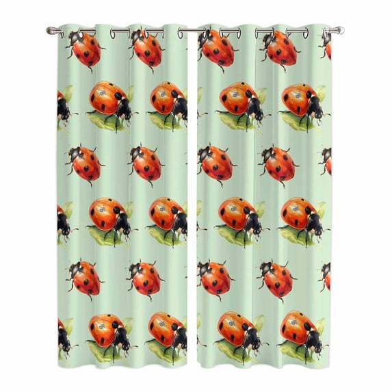 Cute Ladybugs Kitchen Curtains Window Panels, Spring Botanical Leaves Green Insulated Window Treatment Curtain, Grommet Curtains for Bedroom/Living Room/Bathroom, 2 Piece 42"Wx84"L