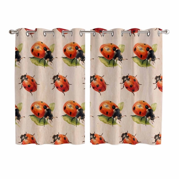 Cute Ladybugs Kitchen Curtains Window Panels, Spring Botanical Leaves Vintage Insulated Window Treatment Curtain, Grommet Curtains for Bedroom/Living Room/Bathroom, 2 Piece 52"Wx72"L