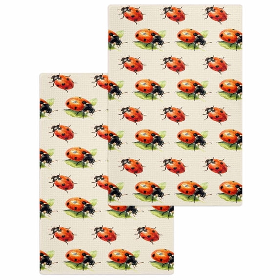 Cute Ladybugs Kitchen Dish Towels for Drying Dishes Set of 2, Spring Botanical Leaves Beige Waffle Weave Microfiber Hand Tea Bathroom Towels Quick Dry & Absorbent Towel 15.7x23.6