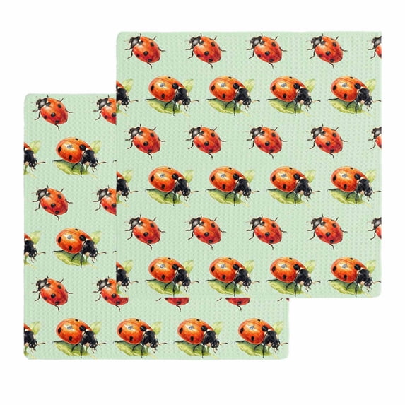 Cute Ladybugs Kitchen Dish Towels for Drying Dishes Set of 2, Spring Botanical Leaves Green Waffle Weave Microfiber Hand Tea Bathroom Towels Quick Dry & Absorbent Towel 12x12
