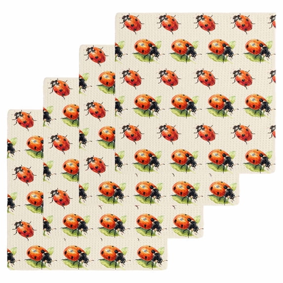 Cute Ladybugs Kitchen Dish Towels for Drying Dishes Set of 4, Spring Botanical Leaves Beige Waffle Weave Microfiber Hand Tea Bathroom Towels Quick Dry & Absorbent Towel 12x12