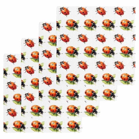 Cute Ladybugs Kitchen Dish Towels for Drying Dishes Set of 4, Spring Botanical Leaves Farmhouse Waffle Weave Microfiber Hand Tea Bathroom Towels Quick Dry & Absorbent Towel 12x12