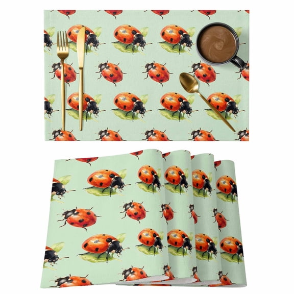 Cute Ladybugs Placemats Set of 12 Spring Botanical Leaves Green Place Mats Indoor Wipeable Table Mats Washable Cloth Dining Table Placemats for Kitchen Holiday Party Home Decor 13x19 Inch