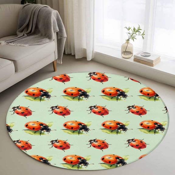 Cute Ladybugs Round Area Rug 3Ft Washable Small Circle Rugs for Kitchen Entryway, Spring Botanical Leaves Green Non-Slip Carpet Floor Mats Indoor Outdoor Carpet Runner Aesthetic Home Decor