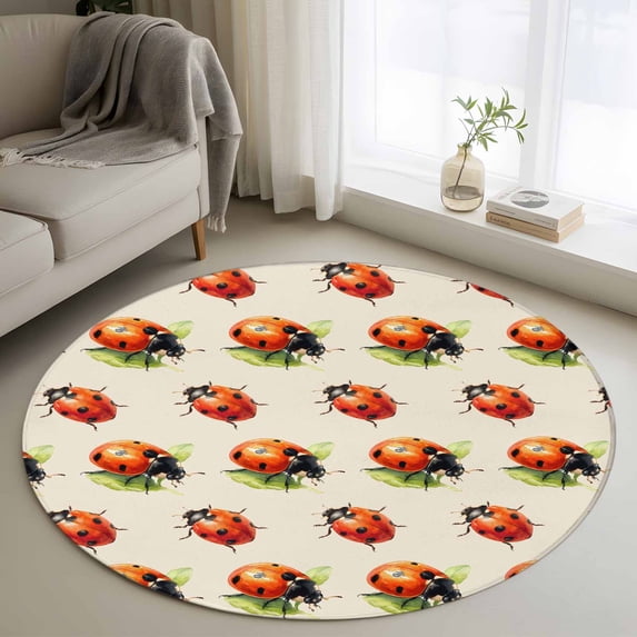 Cute Ladybugs Round Area Rug 4Ft Washable Circle Rugs for Bedroom Dining Room, Spring Botanical Leaves Beige Non-Slip Carpet Floor Mats Indoor Outdoor Carpet Runner Aesthetic Home Decor