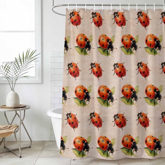 Cute Ladybugs Small Stall Shower Curtain, Waterproof Shower Curtains for Bathroom, Spring Botanical Leaves Vintage Washable Fabric Cloth Bath Curtain for Bathtub Decoration with Hooks 36x72 Inches