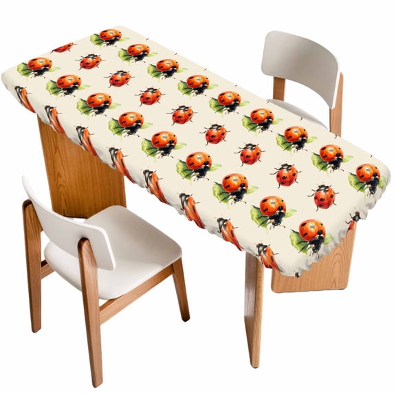 Cute Ladybugs Table Cloths for 8 Foot Rectangle Tables, Spring Botanical Leaves Beige Patio Waterproof Elastic Fitted Tablecloths, Washable Rectangular Table Cover for Camping