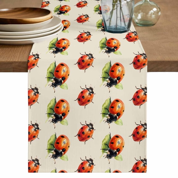 Cute Ladybugs Table Runner, Spring Botanical Leaves Beige Washable Cotton Linen Table Runners 48 Inches Long, Dresser Scarf Runner for Nightstand/Coffee/End Tables 13''x48''
