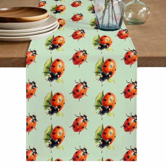 Cute Ladybugs Table Runner, Spring Botanical Leaves Green Washable Cotton Linen Table Runners 108 Inches Long, Dresser Scarf Runner for Dining/Living Room/Kitchen/Square Tables 13''x108''