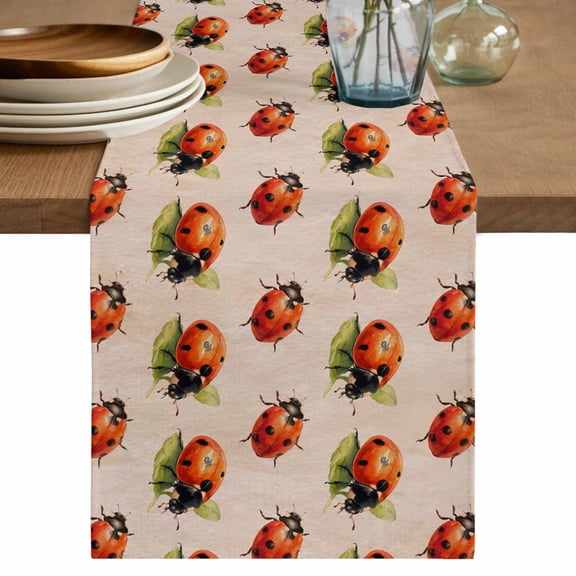 Cute Ladybugs Table Runner, Spring Botanical Leaves Vintage Washable Cotton Linen Table Runners 48 Inches Long, Dresser Scarf Runner for Nightstand/Coffee/End Tables 13''x48''