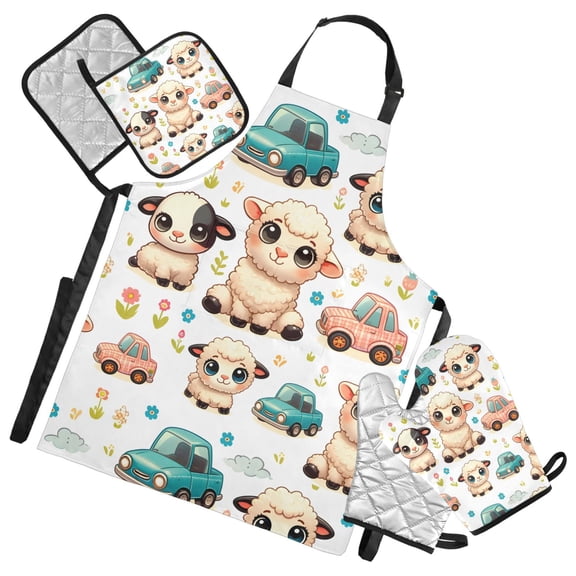 Cute Lamb and Car 5 Pcs Kitchen Set Heat Resistant Oven Mitts and Non-Slip Pot Holders with Adjustable Cooking Apron