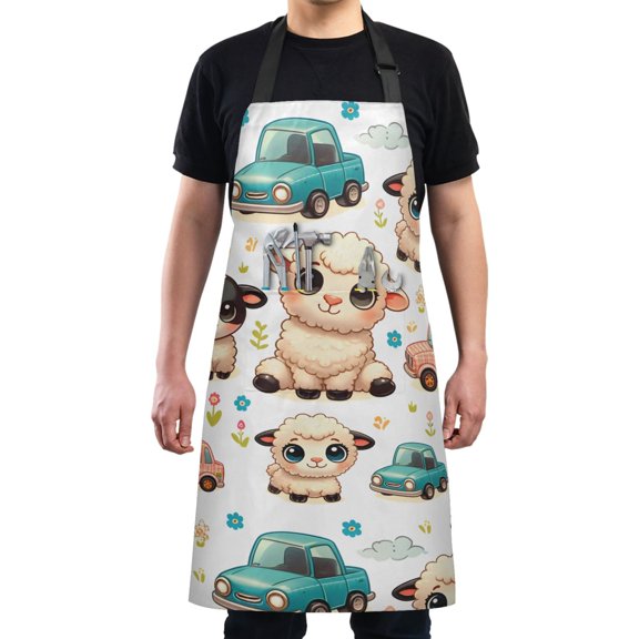 Cute Lamb and Car Kitchen Apron with 2 Pockets Adjustable waterproof Cooking Aprons for Women Men Chef