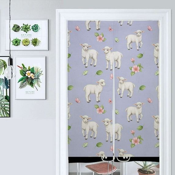 Cute Lambs Spring Flowers Butterflies Pattern Door Curtain Nordic Living Room DoorCurtain Porch Partition Curtain Kitchen Rative Half Curtain