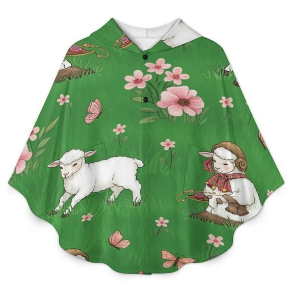 Cute Lambs Spring Meadow Flowers Butterflies Blanket Oversized Wearable Hooded Blanket Warm Throw Blanket Buttons Sweatshirt For Women Men Teens Flannel