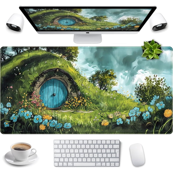 Cute Landscape Cartoons Desk Mat Aesthetic Gaming Mouse Pad XXL Large Extended Green Sage Desk Pad, Laptop Keyboard and Mouse Mat, Computer Desktop Mat Playmat, Women Desk Decor Pad 31.5x15.7 in