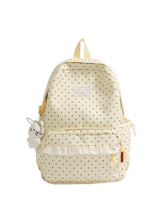 Cute Large Capacity Polka‑Dot Backpack with Lace Trim, Lightweight Multi‑Pocket Preppy Rucksack for Daily and Dating Use (Yellow)