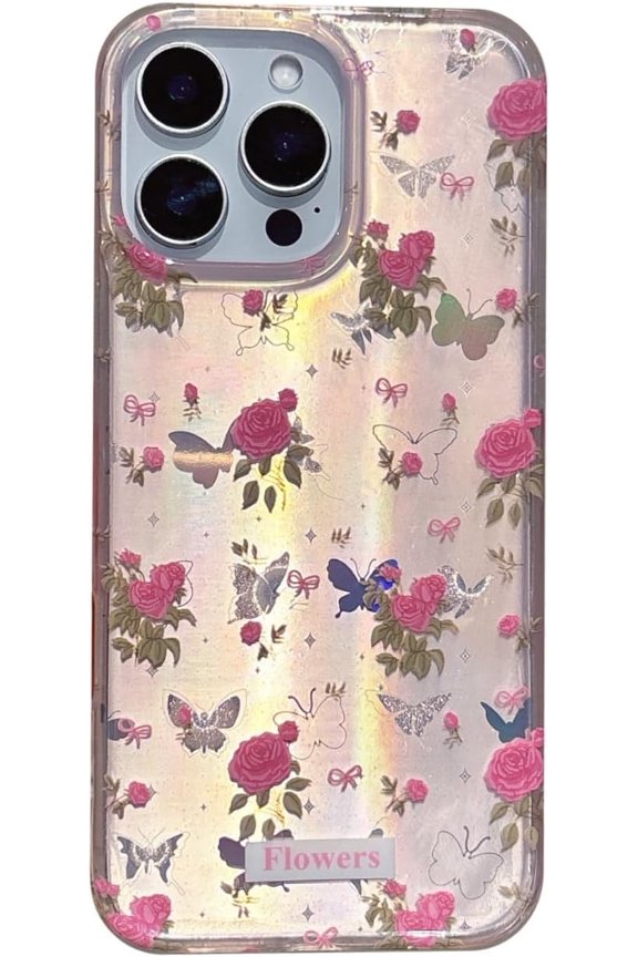 Cute Laser Butterfly Pink Rose Flower Fashion Bling Phone Case Compatible with iPhone Case (Pink. for iPhone 15 Pro Max)