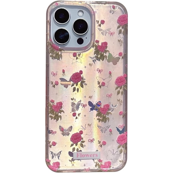 Cute Laser Butterfly Pink Rose Flower Fashion Bling Phone Case Compatible with iPhone Case (Pink. for iPhone 16 Pro Max)