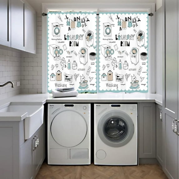 Cute Laundry Room Curtains 2 Panels 27.5W x 39H Rod Pocket Alphabet Simple Line Drawn Polyester Decor Small Short Window Drapery Treatment
