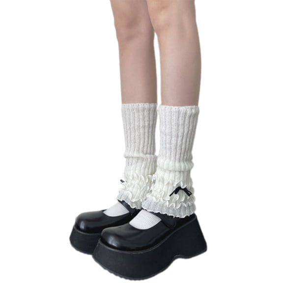 Cute Layered Ruffle Edge Knitted Leg Covers with Bowknot for Women Teen Girls Elegant Leg Warmers Footless Calf Socks