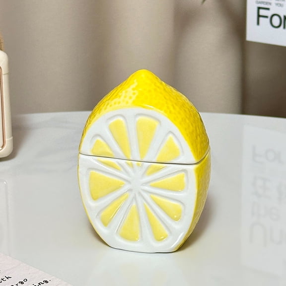 Cute Lemon Bathroom Organizer - Ceramic Storage Jar with Lid, Decorative Bathroom Countertop Organizer, Can Store Cotton Swabs, Dental Floss, Toothpicks - Kitchen or Bathroom Decor