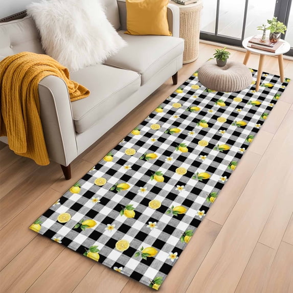 Cute Lemon Floral 2'x6' Runner Rugs for Hallway Kitchen Bedside Non Slip Washable, Farmhouse Black White Buffalo Plaid Entryway Rug Runners with Rubber Backing, Long Carpet Runner for Laundry Room