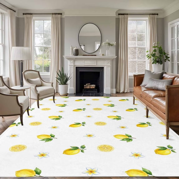 Cute Lemon Floral Area Rugs 8'x10', Washable Small Throw Rugs for Living Room Patio, Farmhouse Summer Fruits Indoor Outdoor Rug Non-Slip Low Pile Carpet Runner Reversible Floor Mats